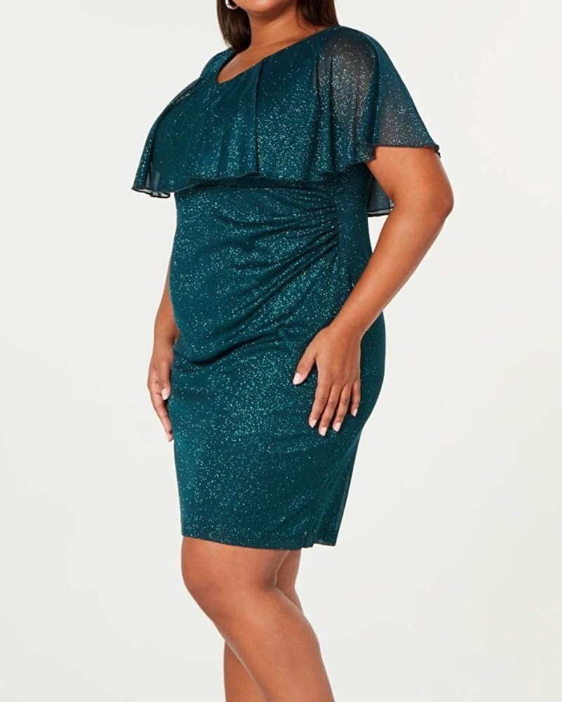 Front of a model wearing a size 22 Connected Women's Plus Size Metallic Popover Dress Green Size 22 in Green by Connected. | dia_product_style_image_id:312762
